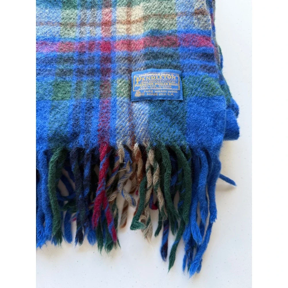 Vtg Pendleton Virgin Wool Throw Blanket Fringe Blue Green Tartan Plaid 54x68